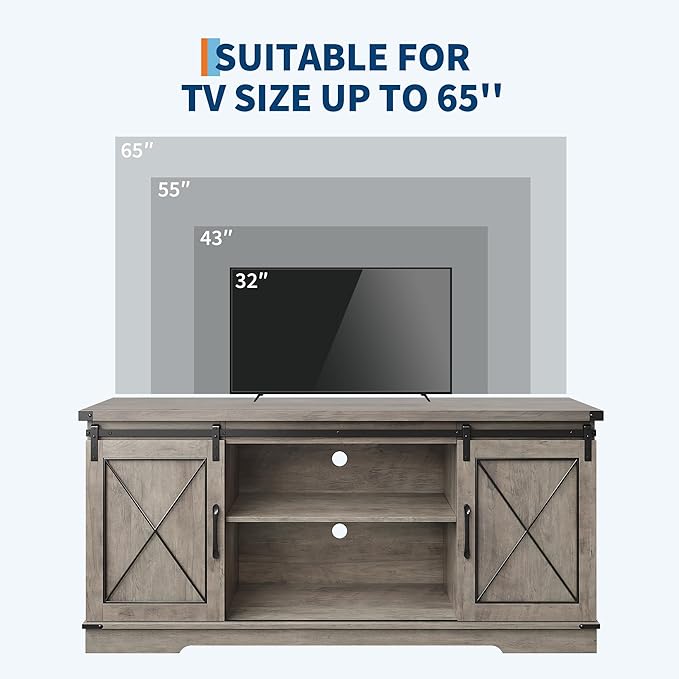 IDEALHOUSE Farmhouse TV Stand for 65 inch TV, Entertainment Center with Sliding Barn Doors and Adjustable Shelves, Rustic Wood Media Console Table for Living Room, Bedroom, Grey
