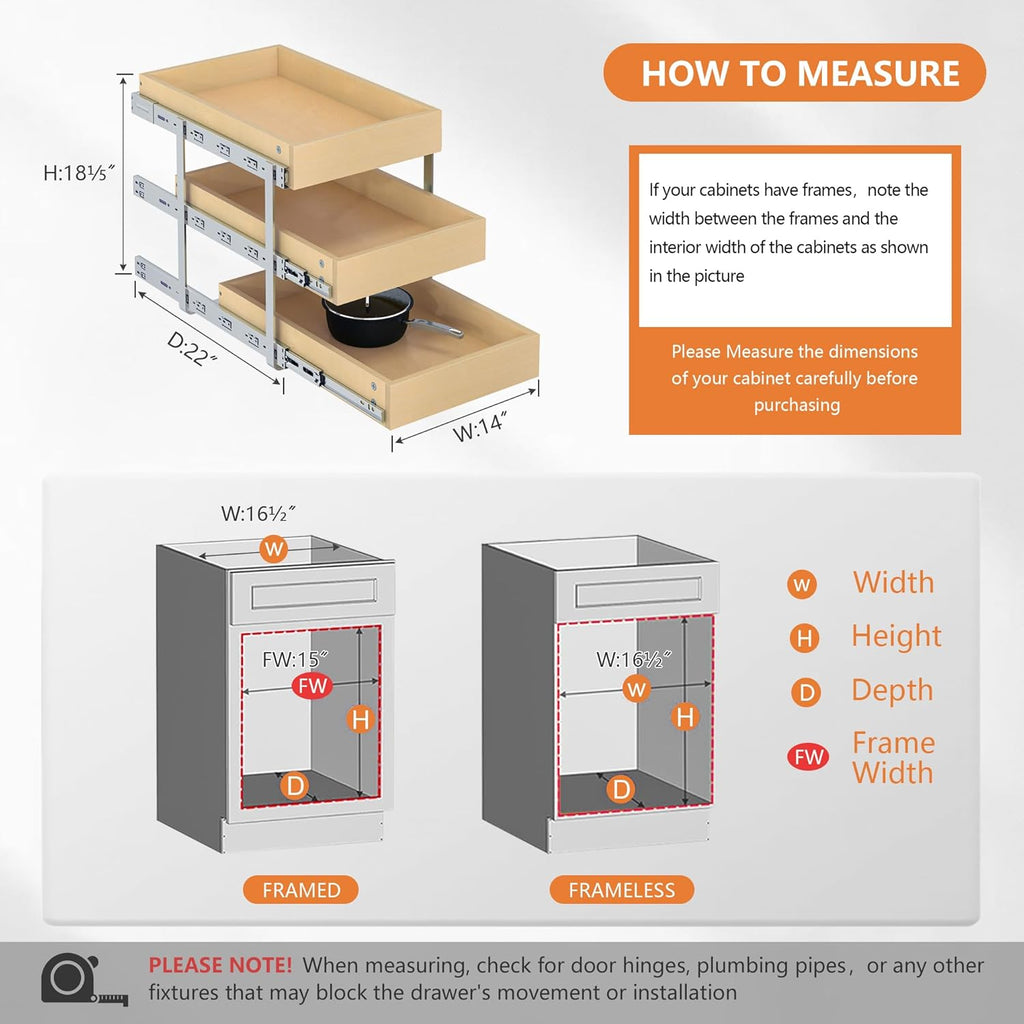 WelFurGeer 3-Tier Pull Out Cabinet Organizer with Soft Close, Heavy-Duty Slide Out Drawers for Cabinets, Pull Out Drawers for Cabinets, Bottom Mount Shelves for Kitchen, Pantry, Bathroom