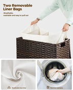 GREENSTELL Laundry Hamper with Wheels&Lid, 130L Large 3 Sections Clothes Hamper with 2 Types Removable Liner Bags, 5 Mesh Laundry Bags, Handwoven Divided Laundry Basket Brown