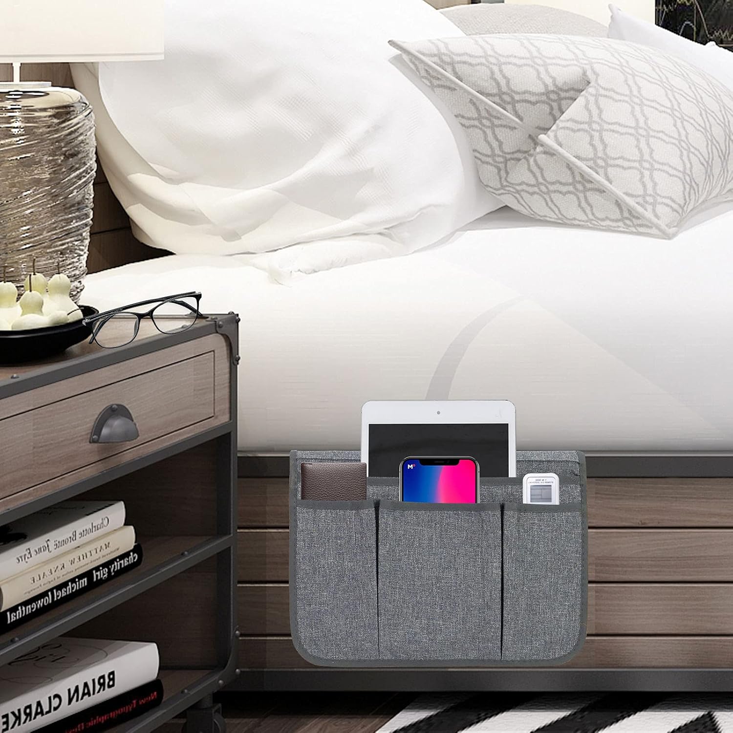 Bedside Caddy Bedside Storage Organizer Magazine Phone Tablet iPad Remote Holder, Organizer Caddy for Home College Dorm Bed, Sofa, Bunk Bed (Dark Grey)