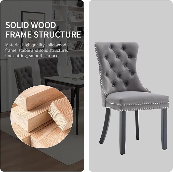 Velvet Dining Chairs Set of 6, Upholstered Dining Room Chairs with Nailhead Trim, Sillas de Comedor Modernas 6, Wooden Kitchen Chairs for Dining Room, Living Room, Kitchen, Bedroom, Grey