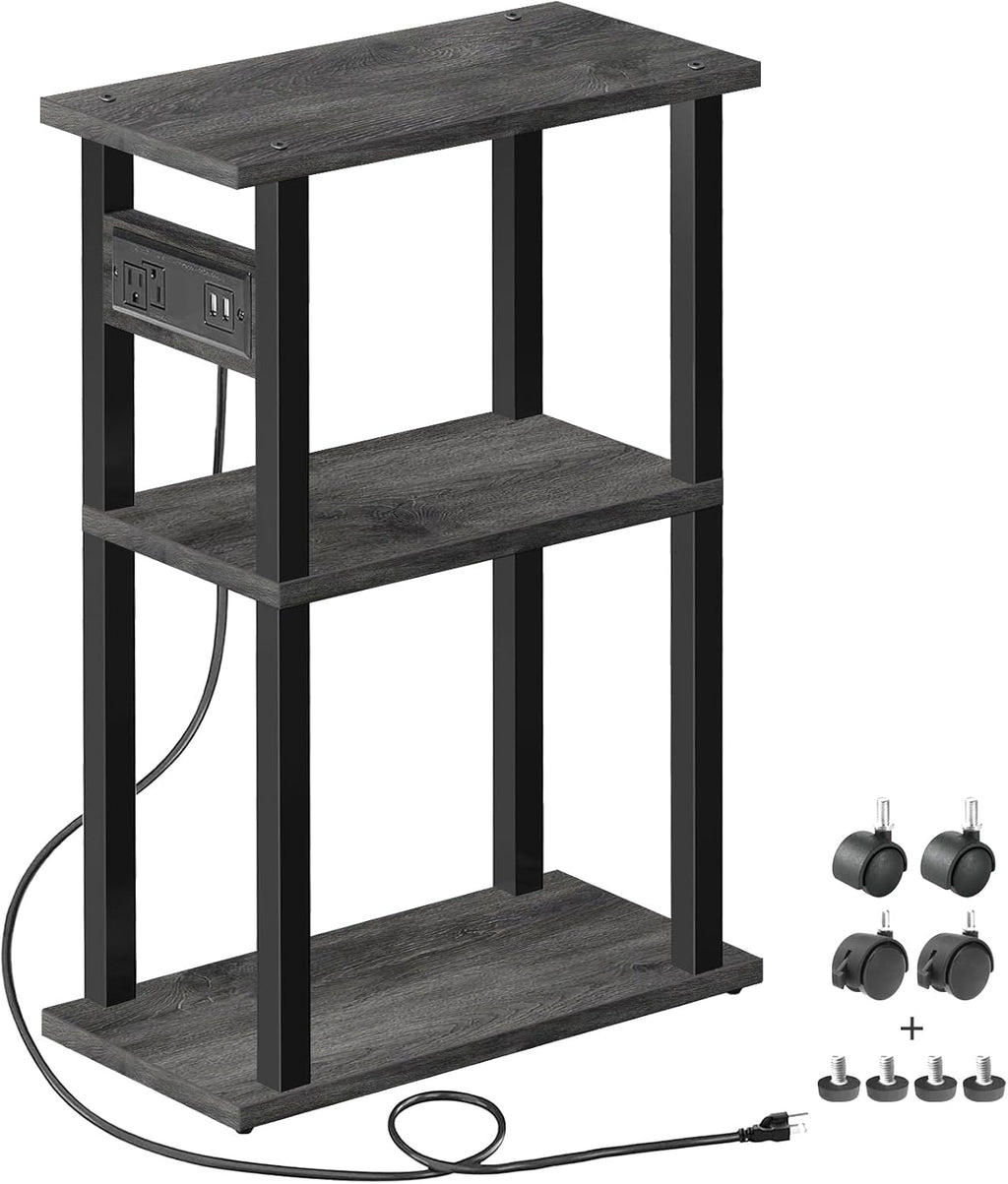 TUTOTAK Small Narrow Side Table with Charging Station, Skinny End Table for Small Spaces, Slim Nightstand with USB Ports and Outlet, Sofa Beside Table with Wheels, Charcoal Grey TB01BY046