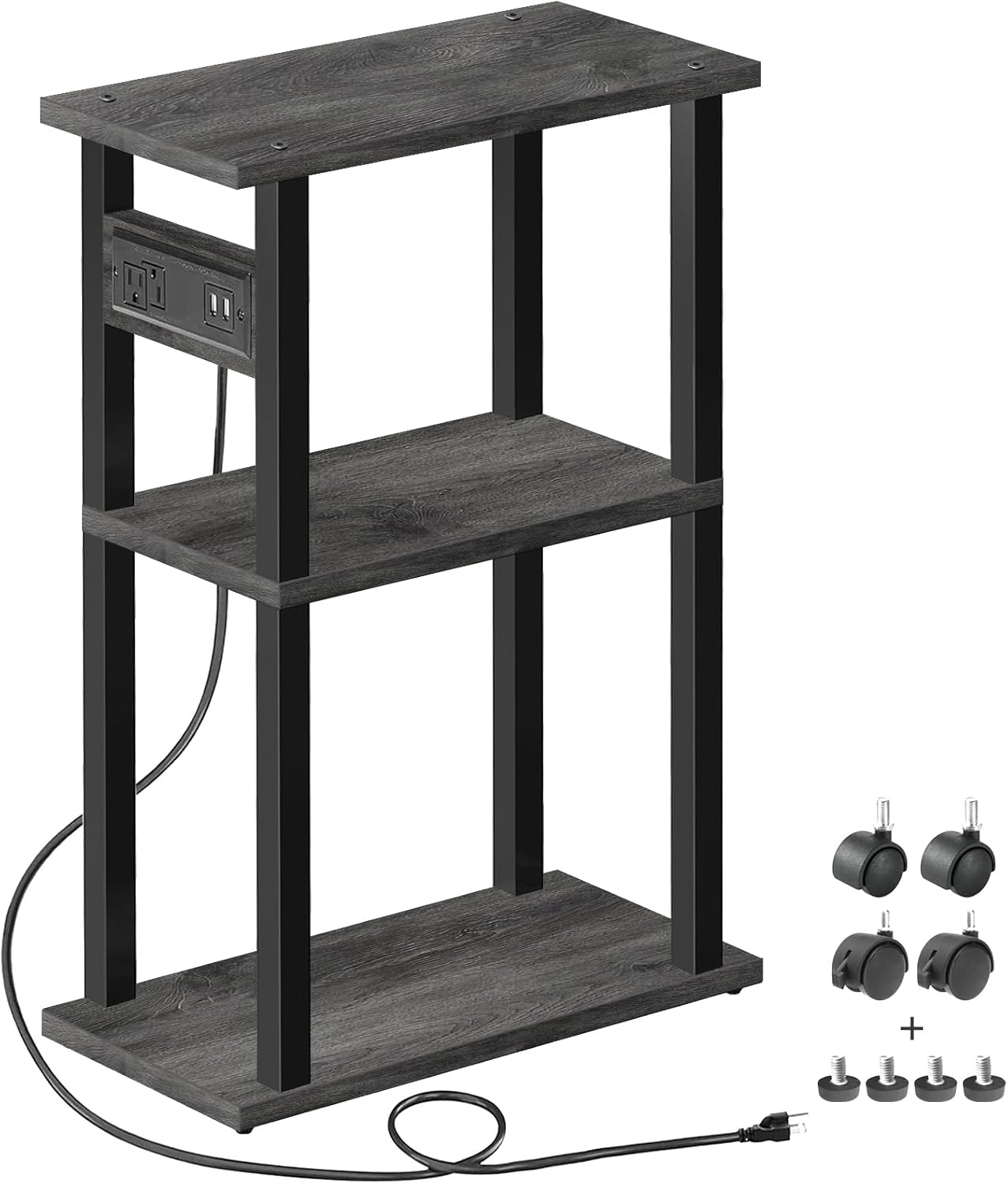 TUTOTAK Small Narrow Side Table with Charging Station, Skinny End Table for Small Spaces, Slim Nightstand with USB Ports and Outlet, Sofa Beside Table with Wheels, Charcoal Grey TB01BY046