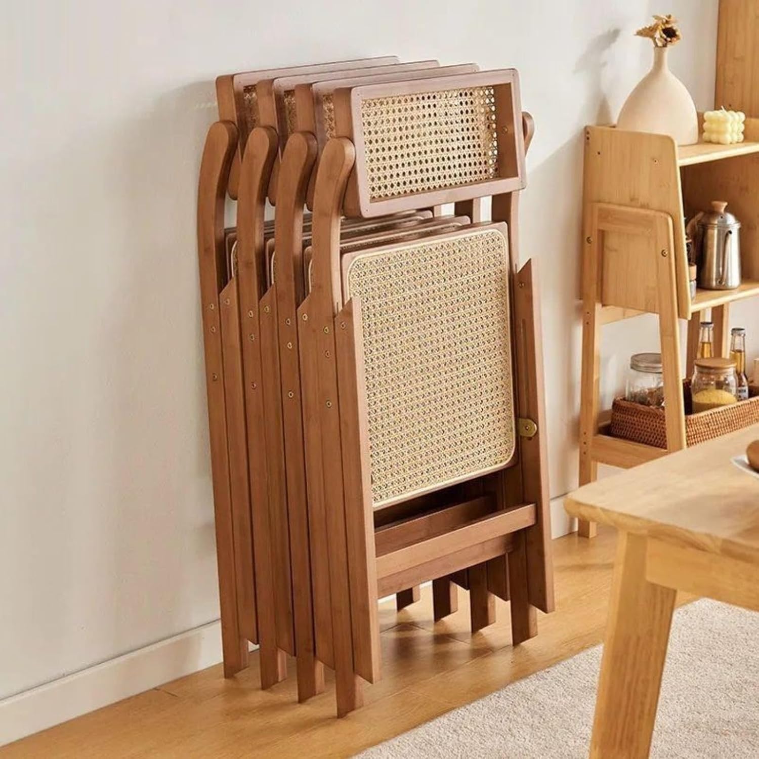 Mid Century Vintage Rattan Folding Chair with Adjustable Back Stackable Wood for Bedroom Living Room(Brown)