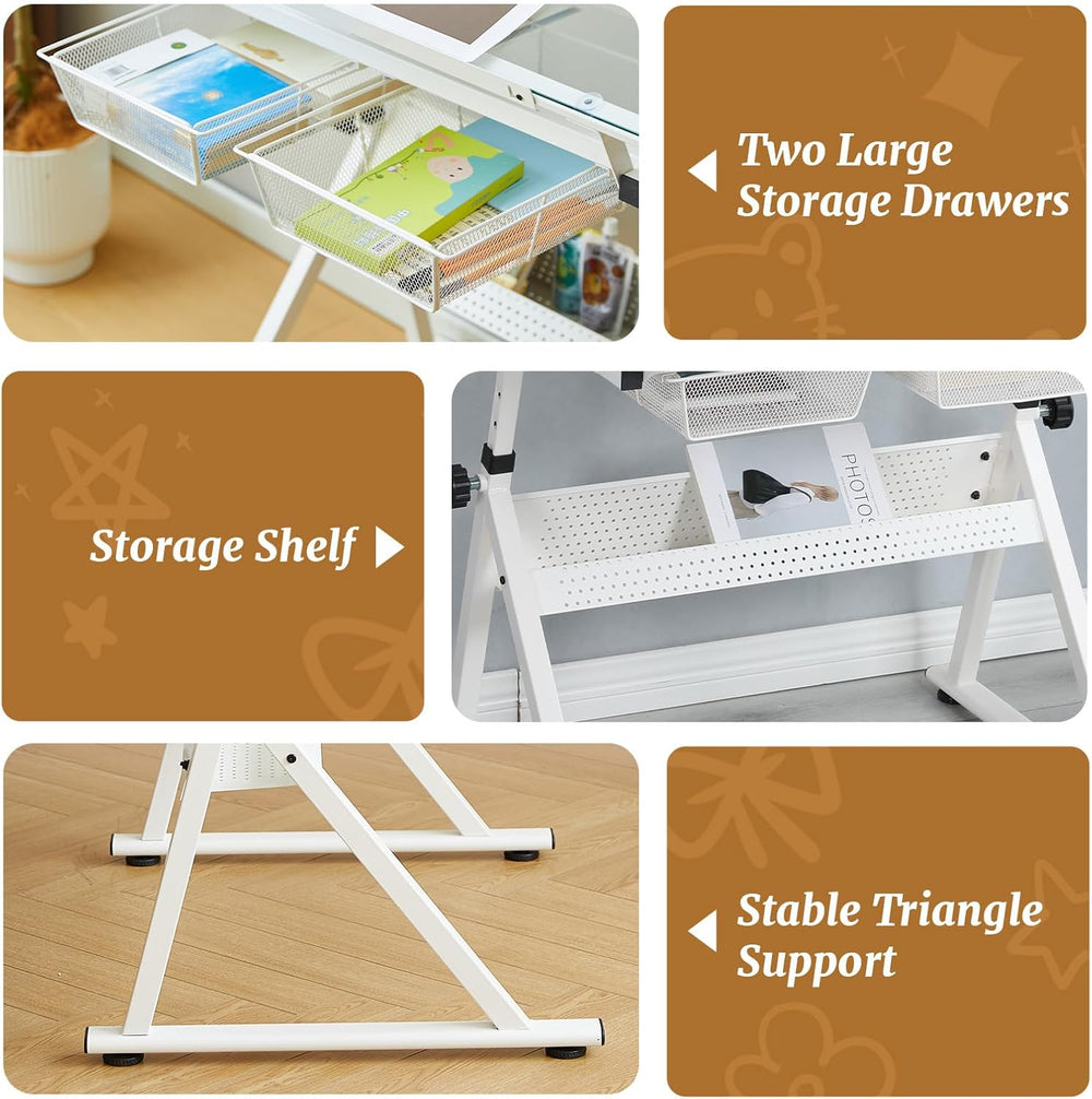 Drafting Table with Stool, Height Adjustable Art Desk with Tilting Tempered G...