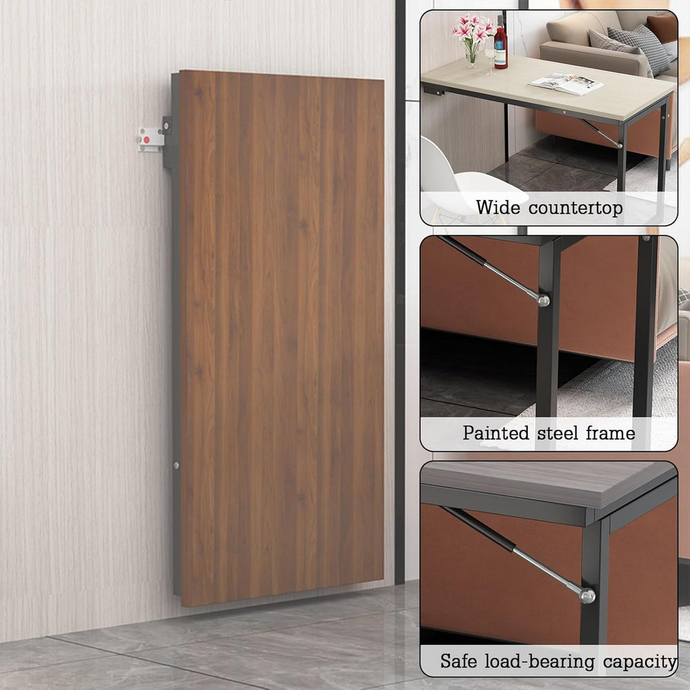 Solid Wood Fold-Up Wall Table, Minimalist Space-Saver Convertible Desk for Sm...