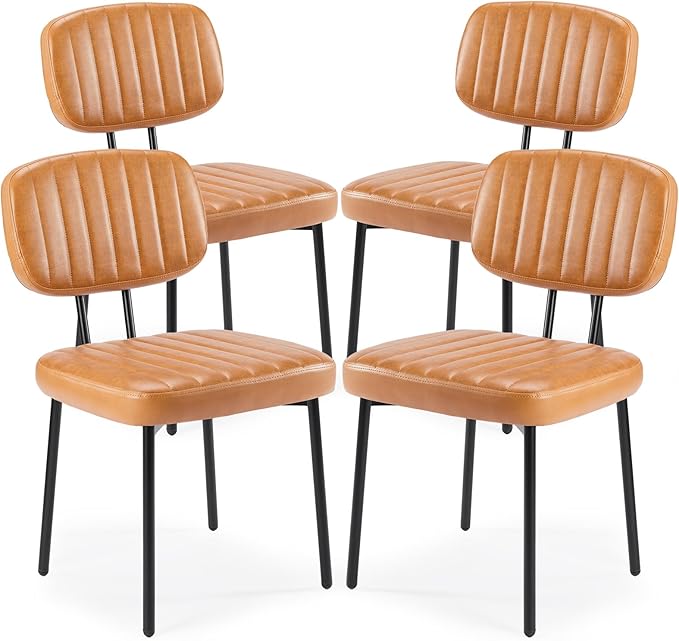 Sweetcrispy Dining Chairs Set of 4, Upholstered Mid Century Modern Kitchen Accent Chairs with Faux Leather Cushion Seat & Metal Legs for Home Office, Living Room - Brown