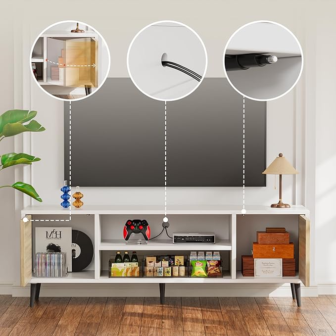 JUMMICO TV Stand for 65 Inch TV, Mid Century Modern TV Stand, Entertainment Center with Storage Cabinet and Open Shelves, TV Console Table Media Cabinet for Living Room, and Bedroom (White)