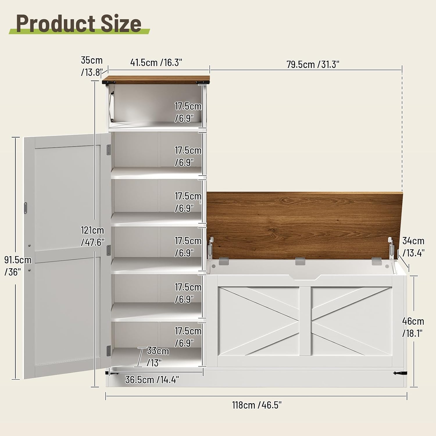 Shoe Cabinet with Bench, L-Shaped Shoe Bench, Storage Bench, Farmhouse Shoe Storage Cabinet with Adjustable Shelves, for Entryway, Living Room, and Stairwell, White and Walnut