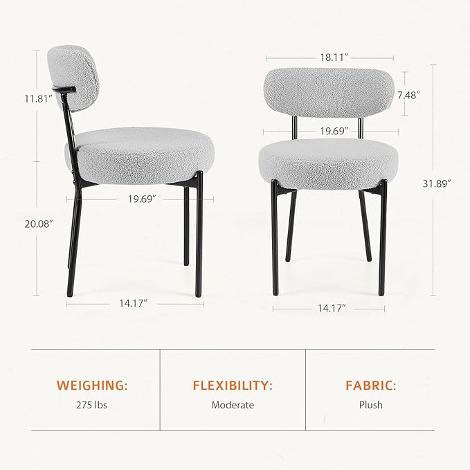 Sweetcrispy Dining Chairs Set of 6, Boucle Upholstered Modern Mid Century Round Kitchen Chairs with Curved Backrest & Metal Legs for Vanity, Living Room - Grey