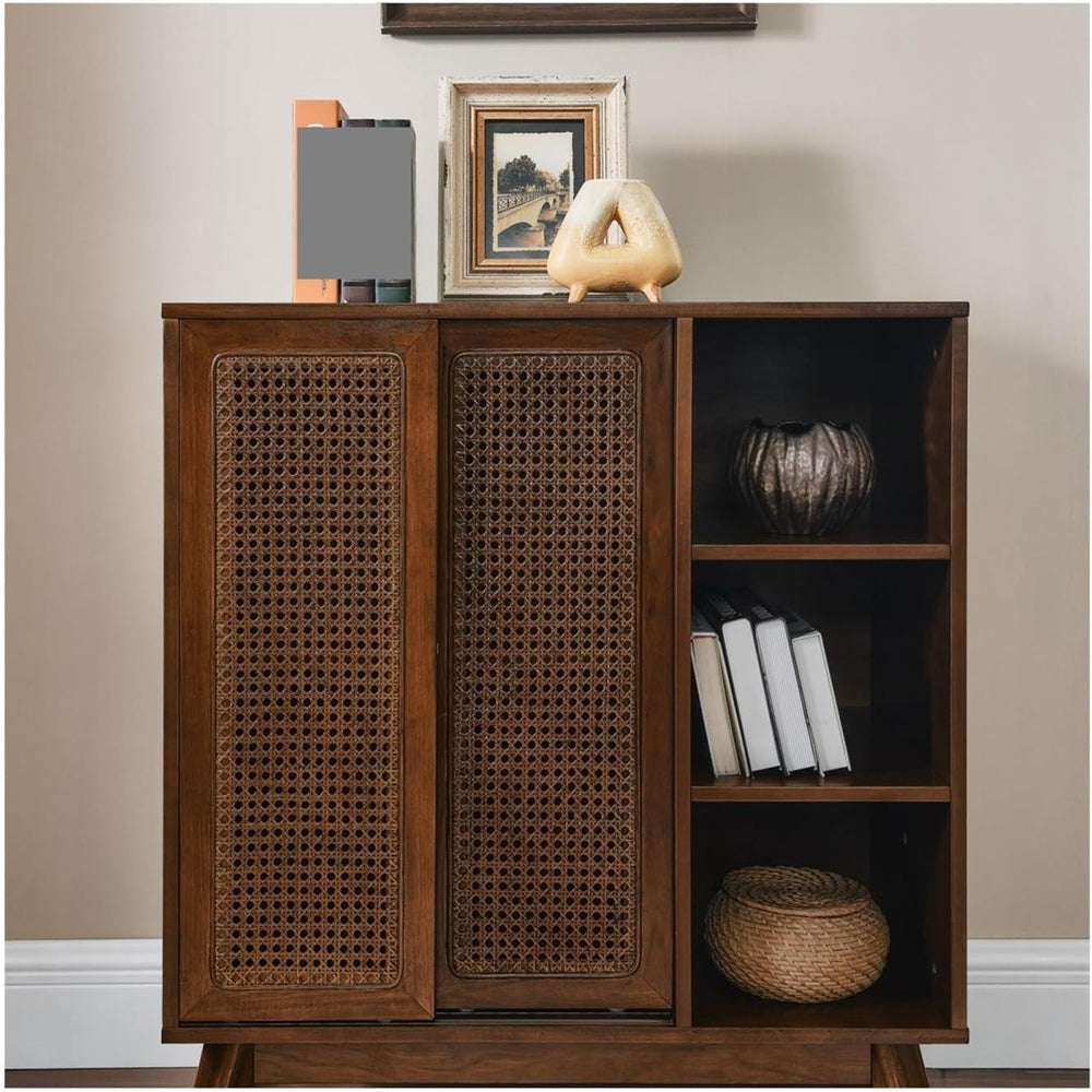 Mid Century Modern Rattan Sideboard Cabinet, Buffet Cabinet for Entryway Hall...