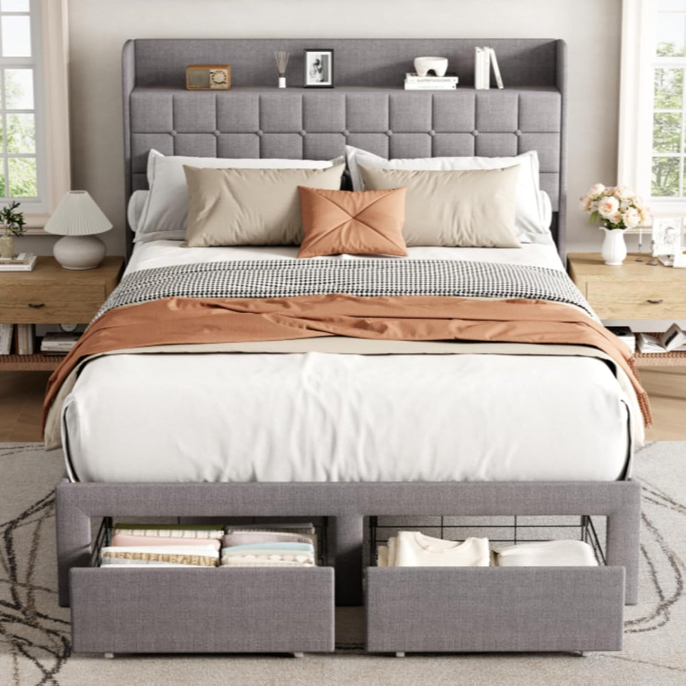 OLIXIS Queen Size Bed Frame, Upholstered Platform Bed Frame with Headboard