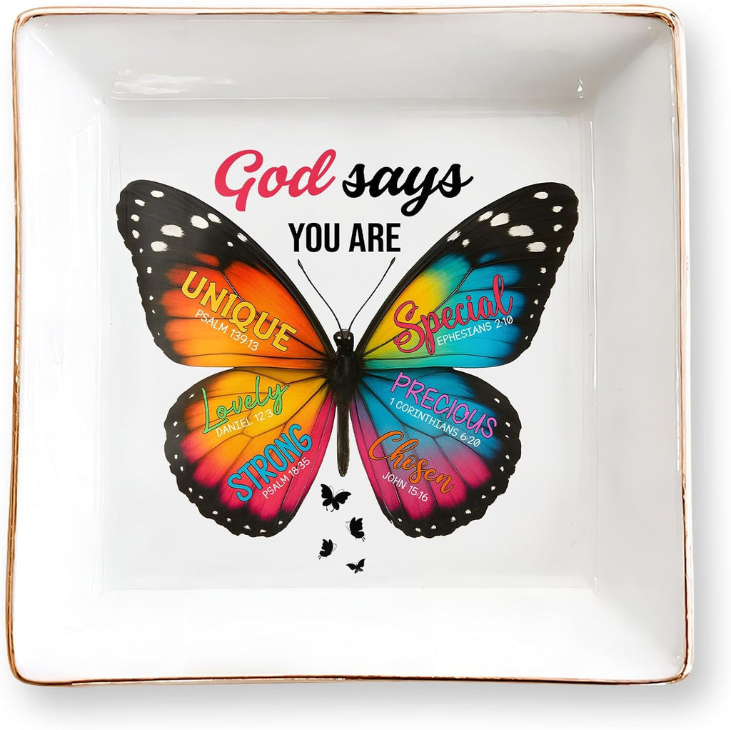 Christian Bible Verse Jewelry Dish Gift for Women, Butterfly Religious 4" Ceramic Jewelry Tray, Christian Gifts for Mom, Daughter, Friends - Birthday, Confirmation, Catholic Gift for Her, Teen Girls