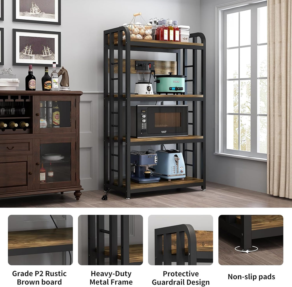 SIREDEEP Bakers Rack with Power Outlet ，4-Tier Kitchen Baker's Rack,Microwave Stand with Storage Suitable for Kitchen, Living Room, Dinning Room，Coffee Bar(Rustic Brown)