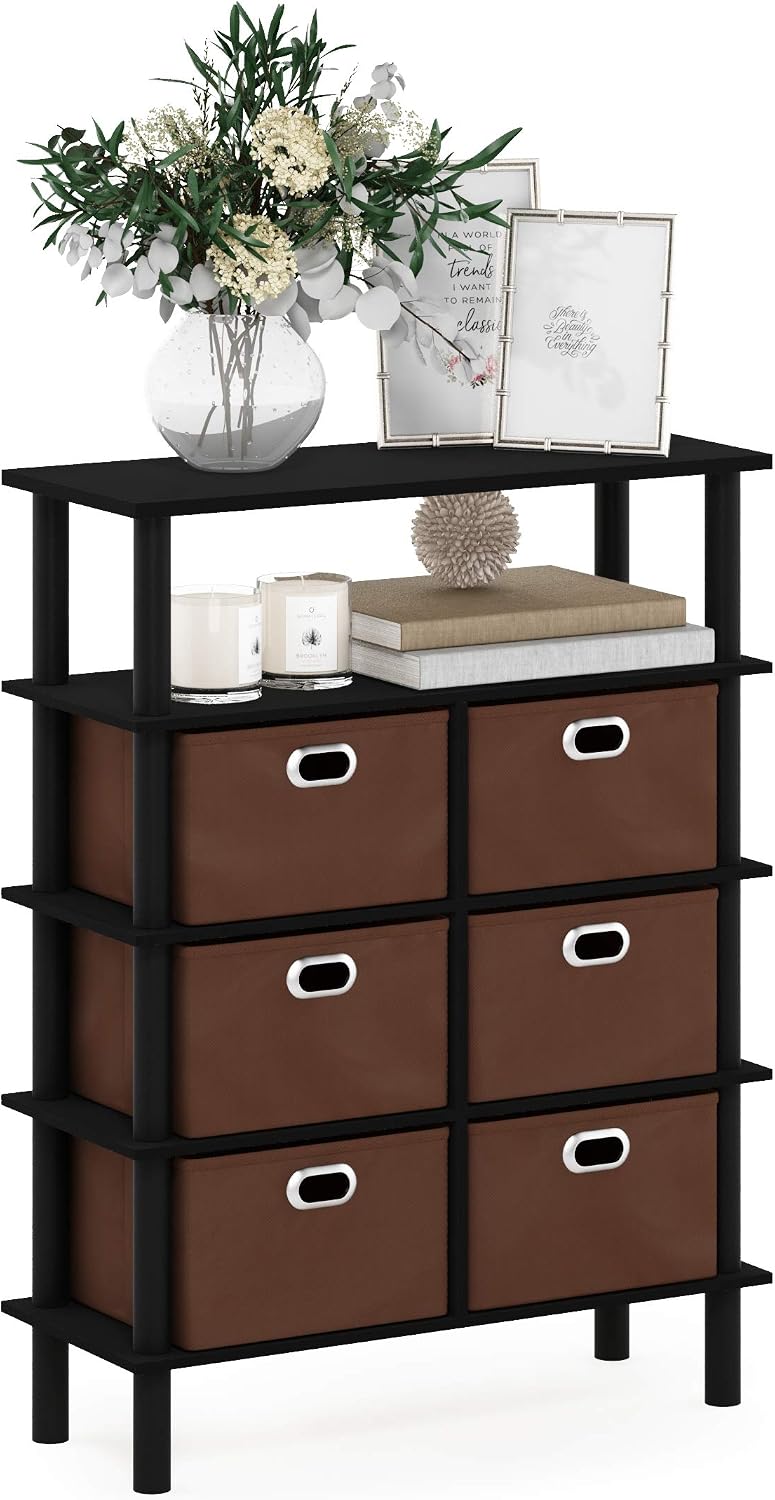 4-Tier Open Shelf Console Table, Side Table with Storage Drawer Bins, Toolles...