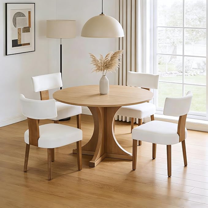 Modern Kitchen Chairs Set of 4, Upholstered Dining Chairs with Curved Back, Farmhouse Linen Fabric Dining Room Chair Comfy Wood Chair for Living Room/Home Office/Reception, Cream