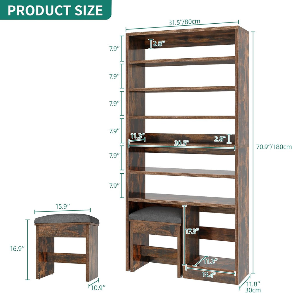 DWVO Shoe Cabinet with Hidden Bench, 8 Tiers Free Standing Shoe Racks, 70.9&#...