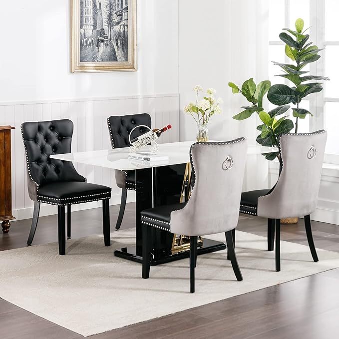 Modern Dining Chairs Set of 4, Tufted Upholstered Dining Chair with Solid Wood Legs, Velvet and Leather Dining Chairs, Sillas de Comedor, Comfy Kitchen Chair (Black+Gray, 4Pcs)