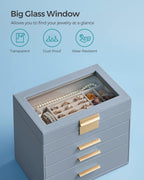 SONGMICS Jewelry Box Organizer with Glass Lid, 4-Layer Jewelry Storage, with 3 Drawers, Modern Style, Christmas Gift, 6 x 9.9 x 8.5 Inches, Smoky Blue and Gold Color UJBC161Q01