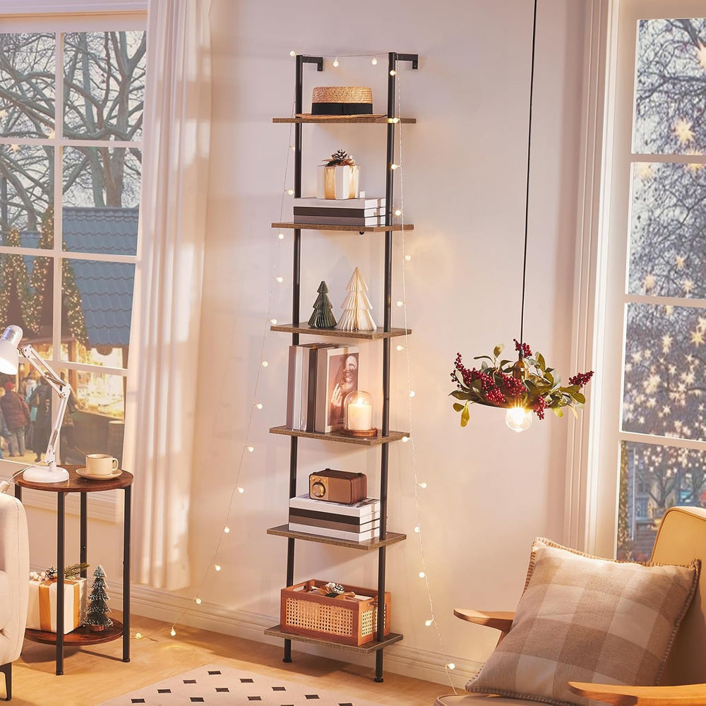 HOOBRO DIY Ladder Shelf, 6-Tier Wooden Wall Mounted Bookshelf, Narrow Bookcas...