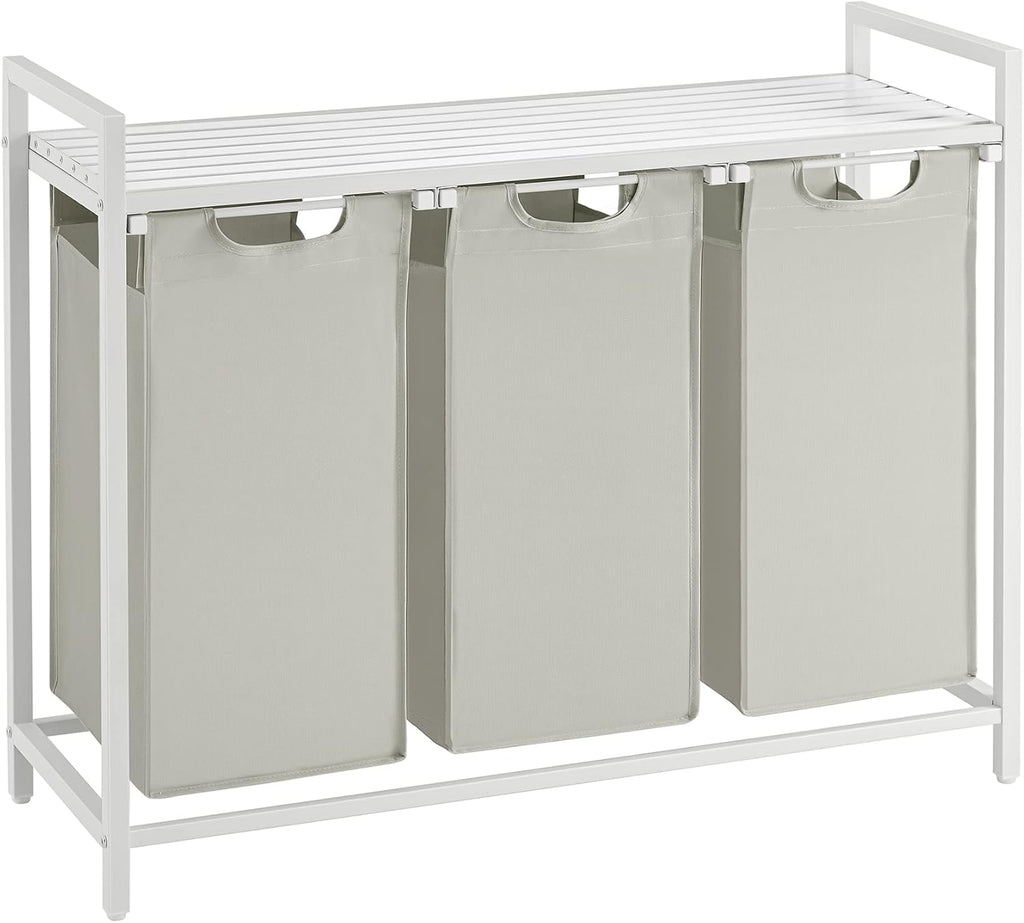 VASAGLE Laundry Hamper, Laundry Basket, Laundry Sorter with 3 Pull-Out and Removable Bags, Shelf, Metal Frame, 3 x 10.6 Gallons (40 L), 36.4 x 13 x 28.4 Inches, Cream White and Cloud White UBLH301W01