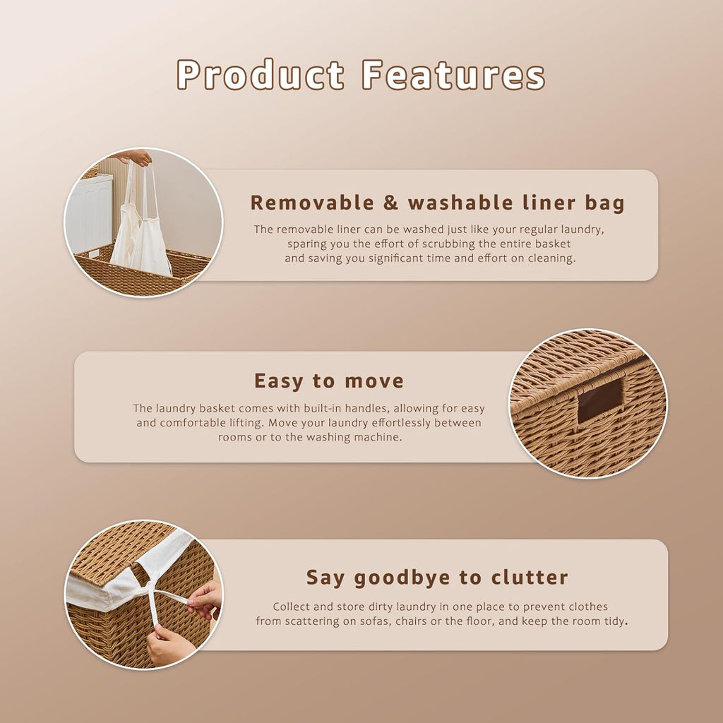 Laundry Hamper with Lid and Removable Liner Bag, Handwoven Rattan Clothes Hamper with Heightened Feet, Wicker Laundry Basket for Clothes and Towels，Middle