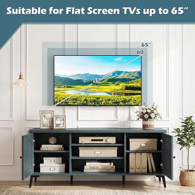 Giantex 2-Door TV Stand for TVs up to 65", Mid Century Modern Entertainment Center with 2 Storage Cabinets & 4 Adjustable Shelves, 6 Metal Legs, Media TV Console Table for Living Room (Teal Blue)