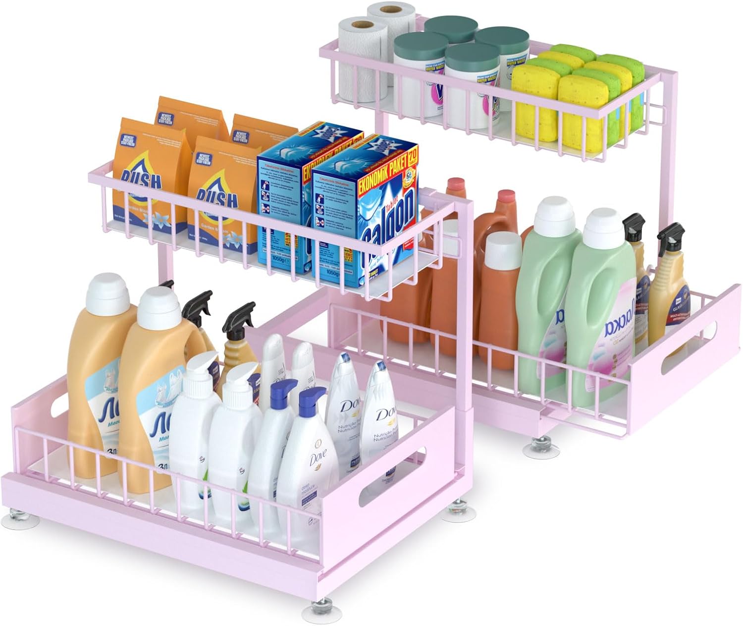 2 Pack Under Sink Organizer Storage 2-Tier Premium Metal Pull-Out Racks, Height Adjustable, Easy Installation | Kitchen & Bathroom Organizers