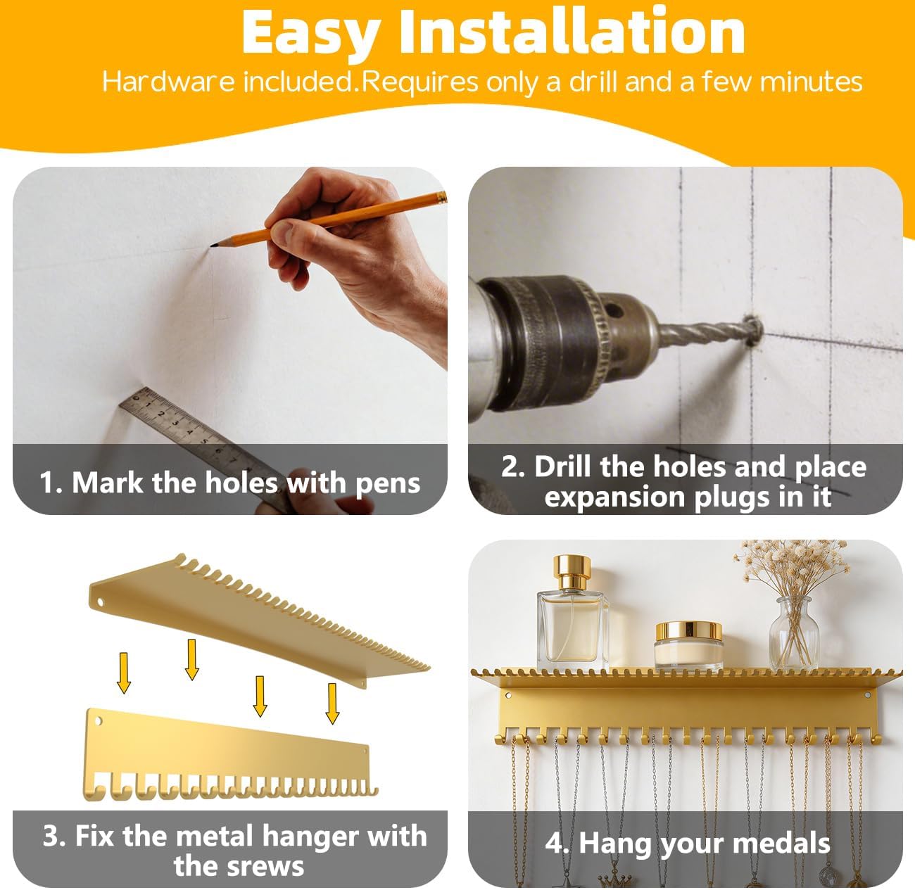 Necklace Jewelry Holder Wall Hanging Organizer Hangers Storage Mounted Shelf with 56 Hooks Tray Display Girls Women Metal Door Earring Mount Key Chains Rack (Gold)