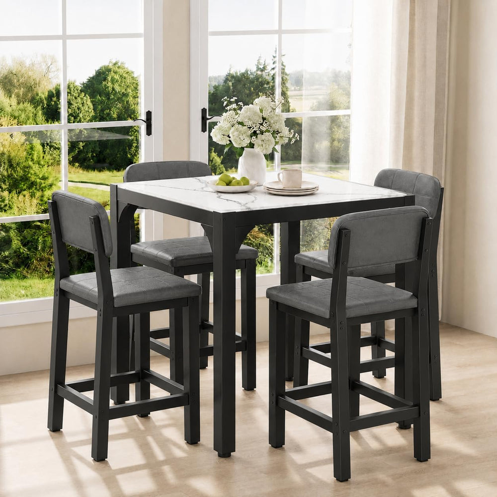 XIAO WEI 5-Piece Counter Height Dining Table Set for 4, Marble-Look, Grey