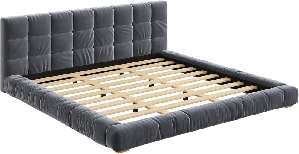 JIVOIT King Size Upholstered Platform Bed, Velvet Headboard Bed Base, Wood Sl...