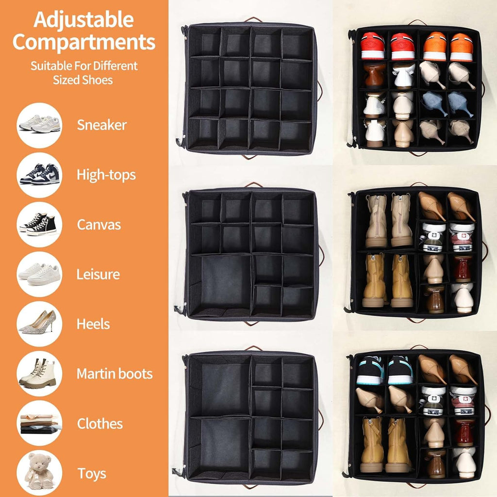 2 Pack Shoe Organizer for Closet, Fits up to 32 Pairs, Adjustable Dividers for Shoe Storage, Space-Saving Shoe Bins and Clear Top, Black