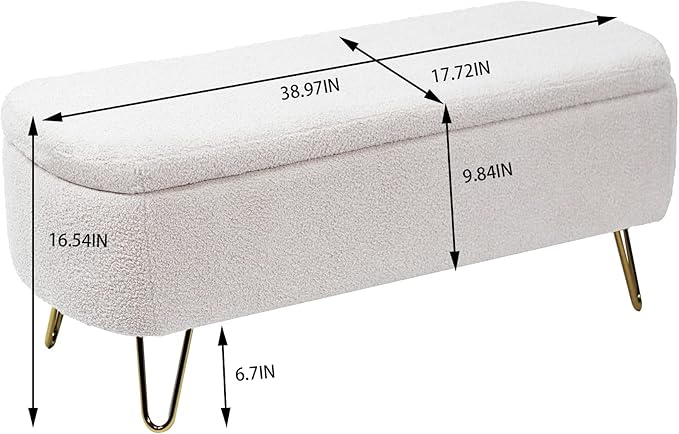 Storage Ottoman for End of Bed with Gold Legs, Modern Faux Fur Entryway Bench,for Living Room，Bedroom，End of Bed,Ivory White
