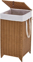 Laundry Hamper with Lid and Removable Liner Bag, Handwoven Rattan Clothes Hamper with Heightened Feet, Wicker Laundry Basket for Clothes and Towels，Small