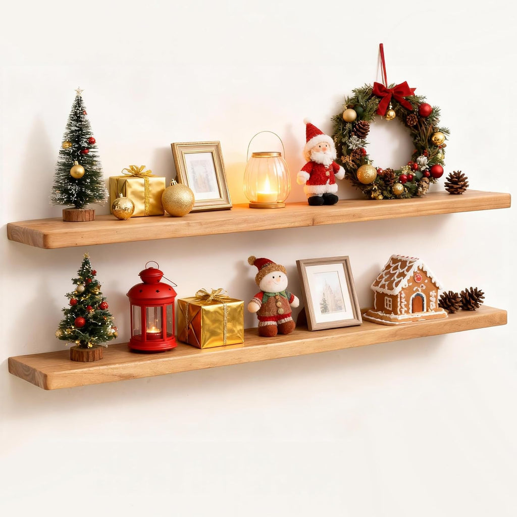 Fun Memories Rustic Elm Wood Floating Shelves, Wooden Wall Shelves 40 Inch Long Set of 2, Heavy-Duty Bathroom Shelf for Wall, Solid Wood Storage Shelf for Kitchen, Bedoom, Office