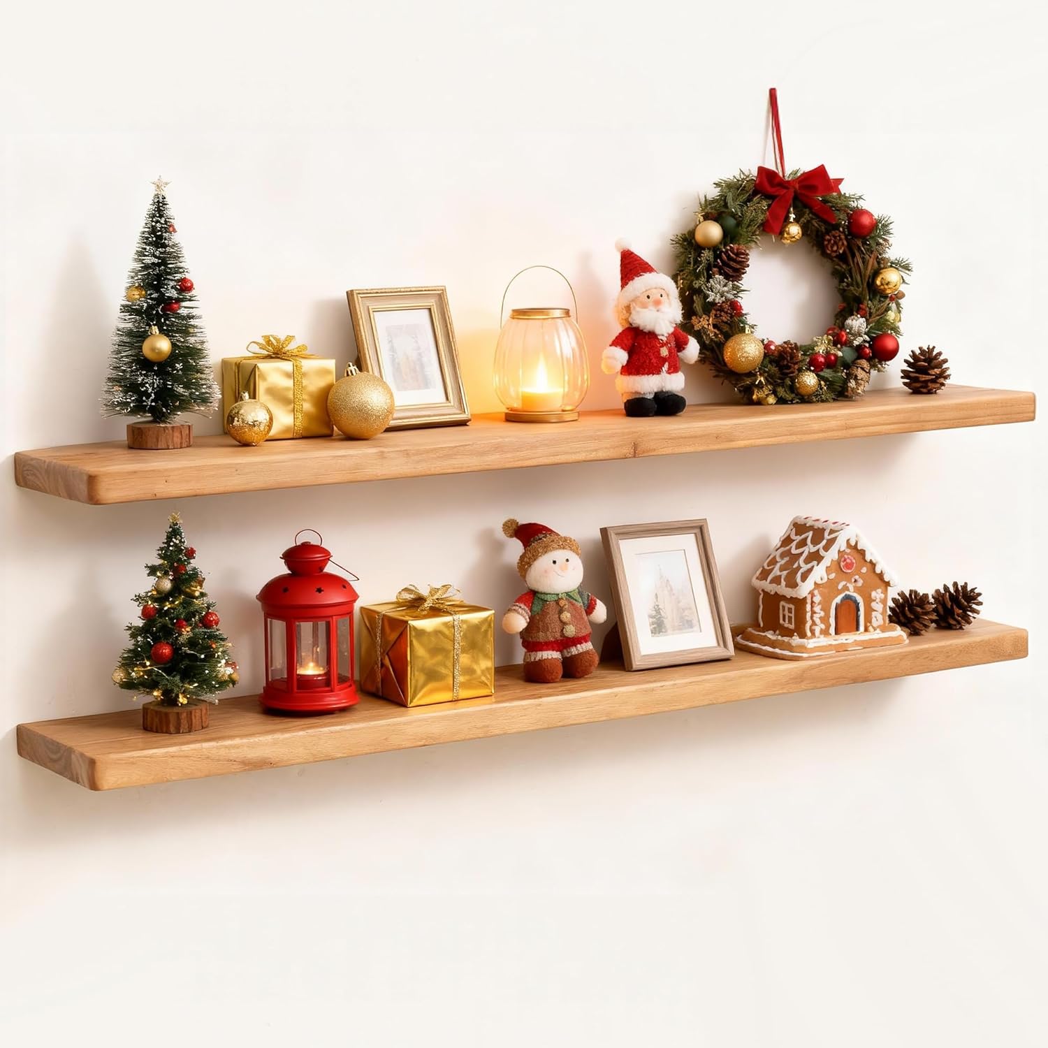 Fun Memories Rustic Elm Wood Floating Shelves, Wooden Wall Shelves 40 Inch Long Set of 2, Heavy-Duty Bathroom Shelf for Wall, Solid Wood Storage Shelf for Kitchen, Bedoom, Office