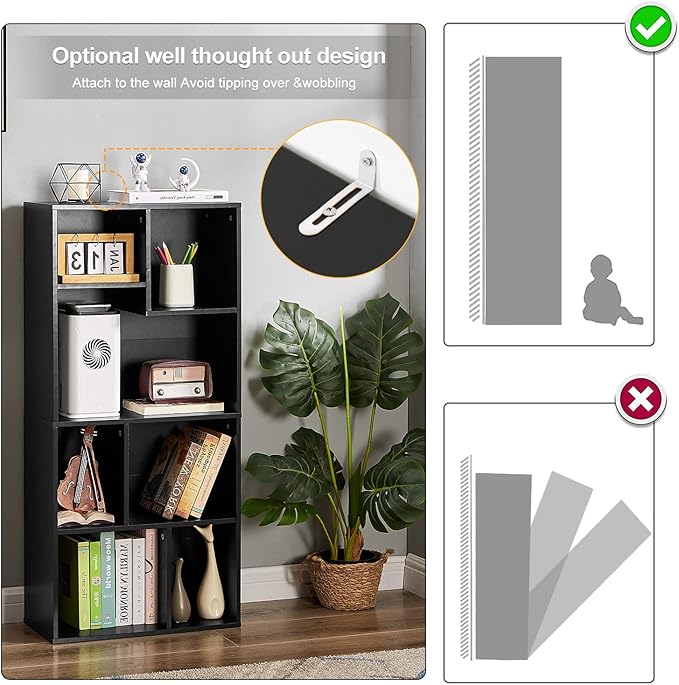 VECELO 42" Modern Bookshelf,7 Cube Organizer Bookcase,Fits Tallest Hardcovers, Horizontal Available,Floor Standing Display,Easy Assembly, Matte Black