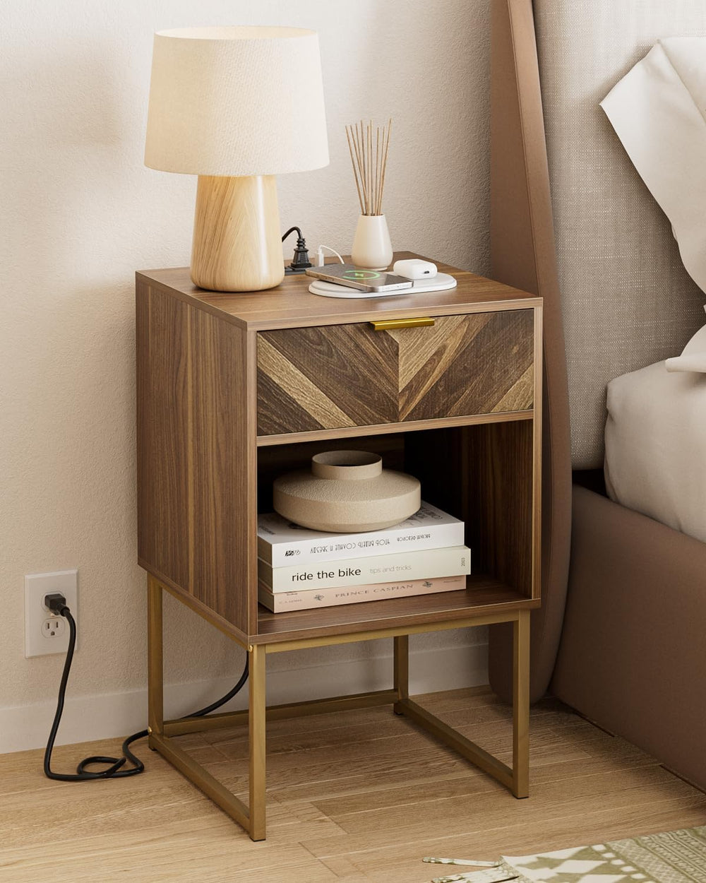 Nightstand with Charging Station,Modern Night Stand Boho Farmhouse Wood Bedsi...
