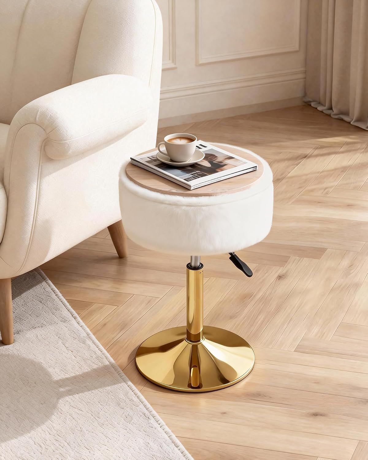 LITZFUR Gold Vanity Stool with Storage, Swivel Vanity Chair, White | Height Adjustable Makeup Stool, Faux Fur Small Round Ottoman Footrest for Bathroom, Bedroom