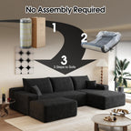 107.5" Comfy U-Shaped Sectional Modern Boneless Corduroy Couch with Chaise ‌and Ottoman‌ - No Assembly Required! Deep-Seat, Upholstered Modular Cloud Sofa for Living Room, Plush Corduroy Fabric(Black)