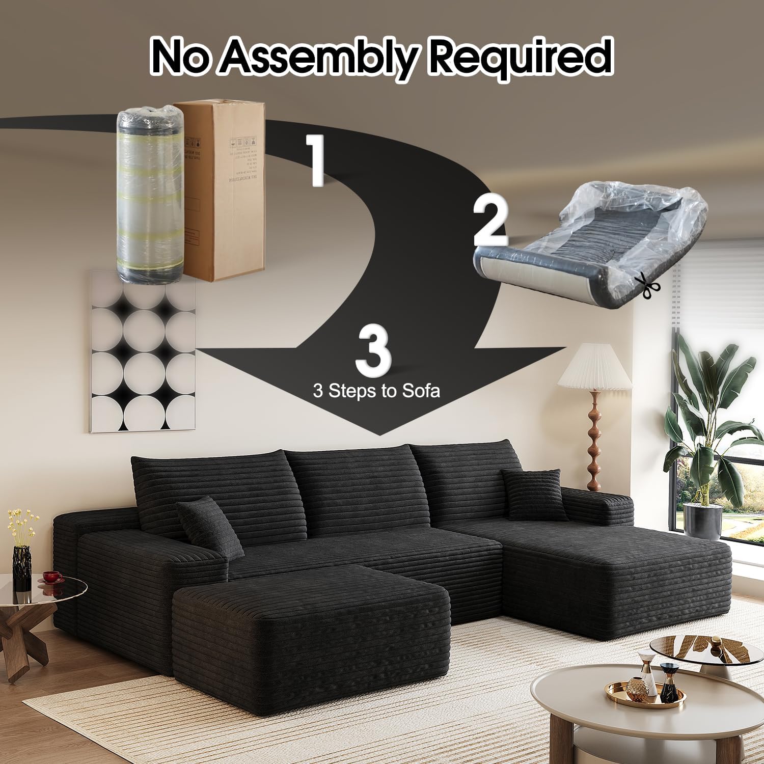 107.5" Comfy U-Shaped Sectional Modern Boneless Corduroy Couch with Chaise ‌and Ottoman‌ - No Assembly Required! Deep-Seat, Upholstered Modular Cloud Sofa for Living Room, Plush Corduroy Fabric(Black)