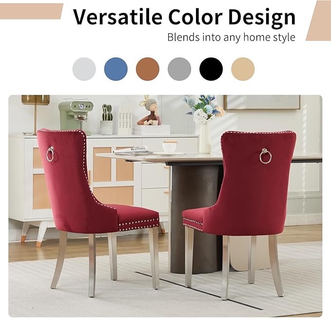 Luxury Upholstered Dining Chairs Set of 8, Red Kitchen Chair with Silver Metal Legs, Velvet Tufted Back Dining Chair, Sillas de Comedor, Modern Kitchen & Dining Room Chairs (Burgundy, 8 Pcs)