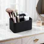 Caddy Organizer with Handle, PU Leather Remote Control Holder Desk Caddy, Portable Makeup Office Supply Organizer for Bathroom, Nightstand, Dresser (Black)