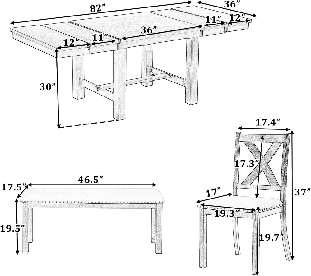 RuiSiSi 6 Piece Solid Wood Dining Table Set, Farmhouse Extendable Kitchen Tab...