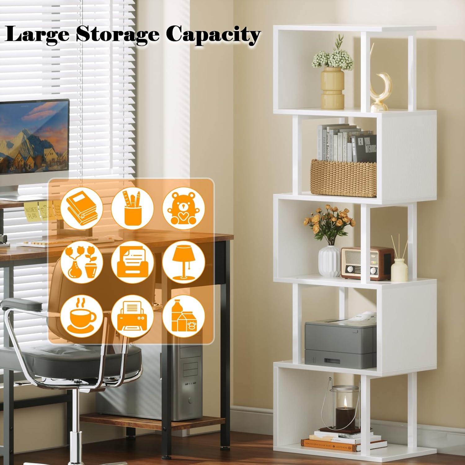 Furologee White Geometric Bookshelf 6 Tier S-Shaped Bookcase, Tall Modern Display Storage Shelf, Metal and Wood Decorative Freestanding Room Divider Shelves for Bedroom, Living Room, Office
