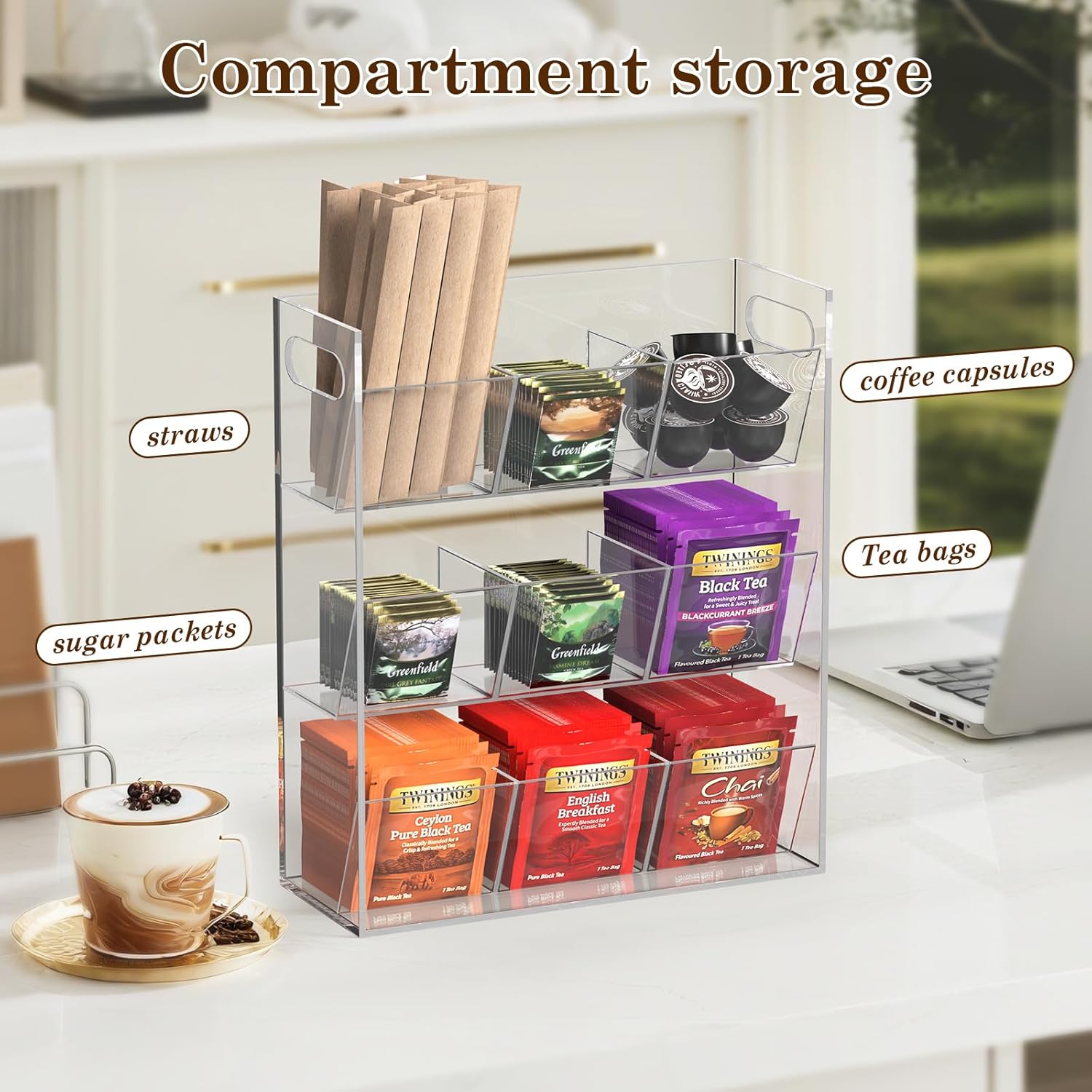 Jumyee Acrylic Tea Bag Organizer for Tea Packets, Clear Tea Bag Display Holder Tea Storage Organizer, Slanted 9 Compartments Sugar Coffee Tea Bag Storage Caddy for Cabinet Countertop, No Assembly