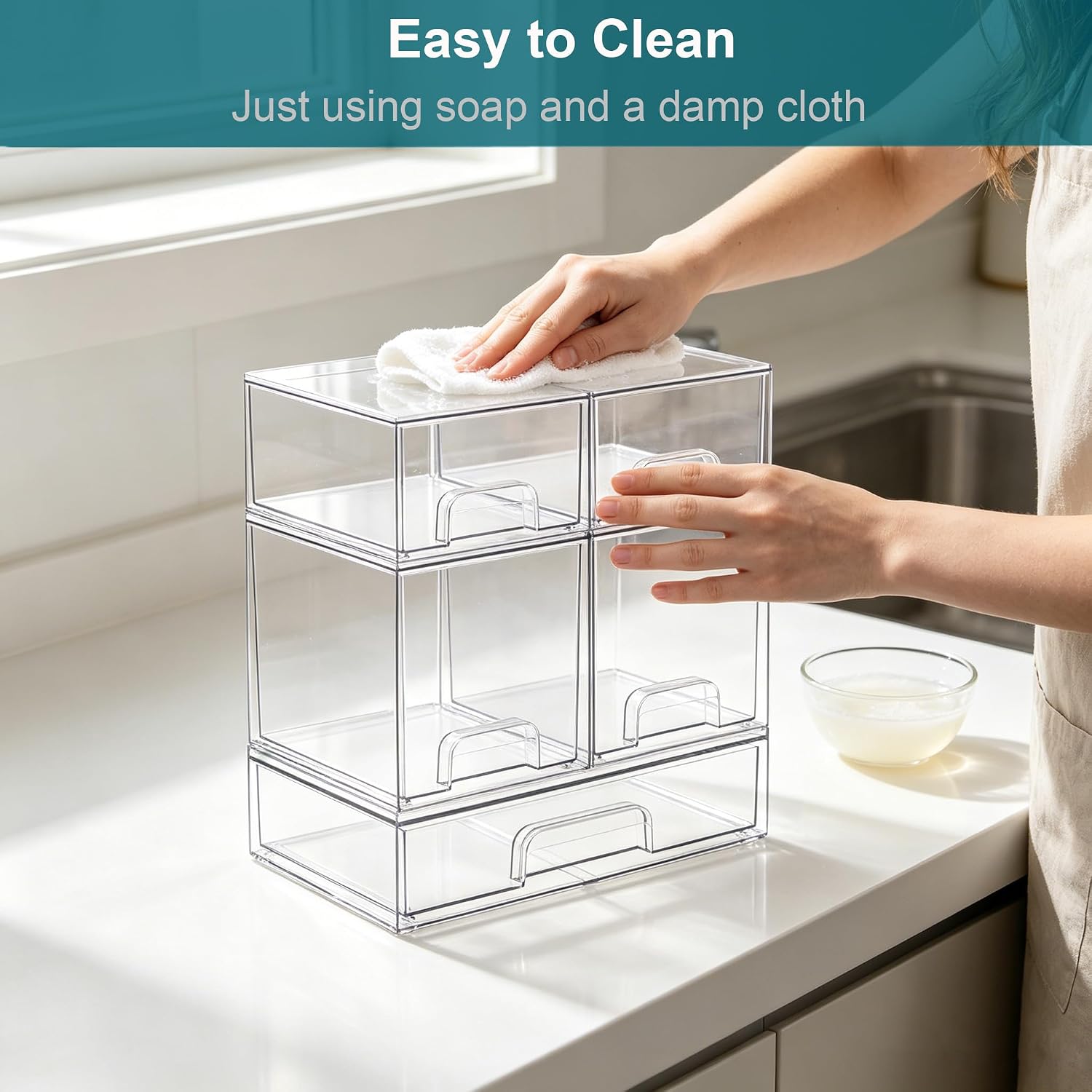 Baby Bottle Organizer for Countertop Food-grade Acrylic Storage for Cabinet | Set of 5 Clear Stackable Organizers with Drawers for Bottles, Plastic Baby Station Organization for Pacifiers, Pump Parts