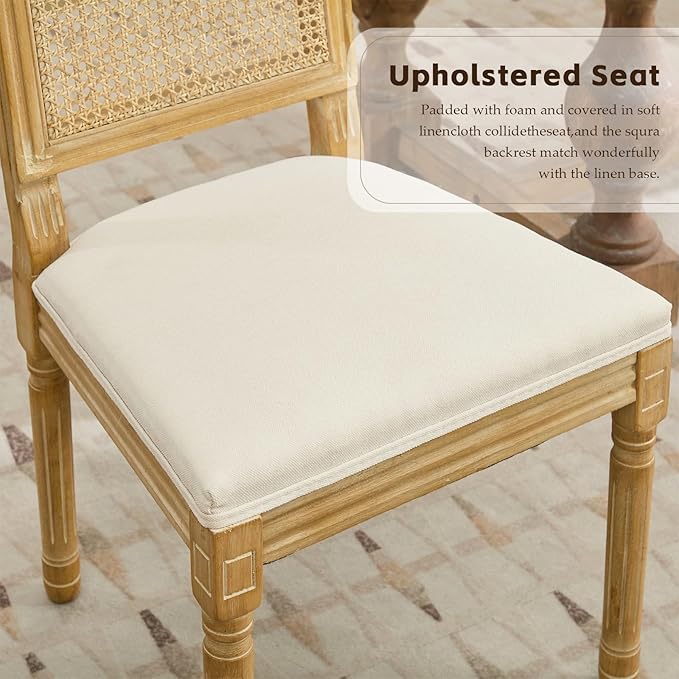 Dining Chairs Set of 2 for Dining Room & Kitchen, French Country Rattan Cane Back Chairs with Linen Upholstered Seat and S-Spring Support, Beige