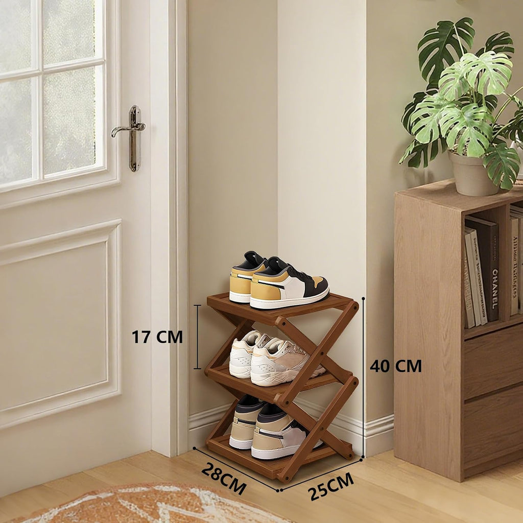 YYW Shoe Rack, Foldable Bamboo Shoes Shelf, Freestanding Shoe Storage Organiser for Entryway, Bedroom, Closet, Hallway, (Brown, 3 Layers, 25)