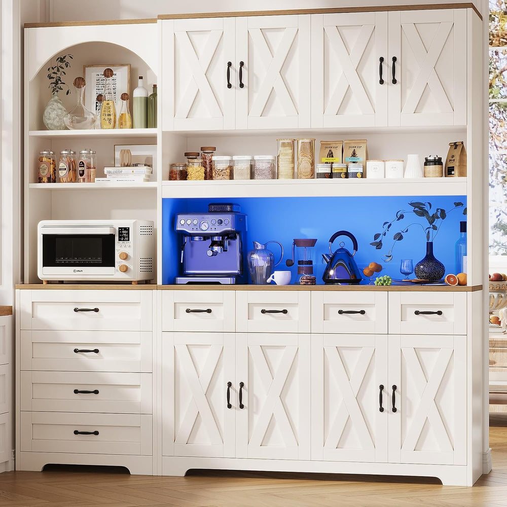 Kitchen Pantry Cabinet with 8 Drawers & Arched Open Shelf, Tall Farmhouse...